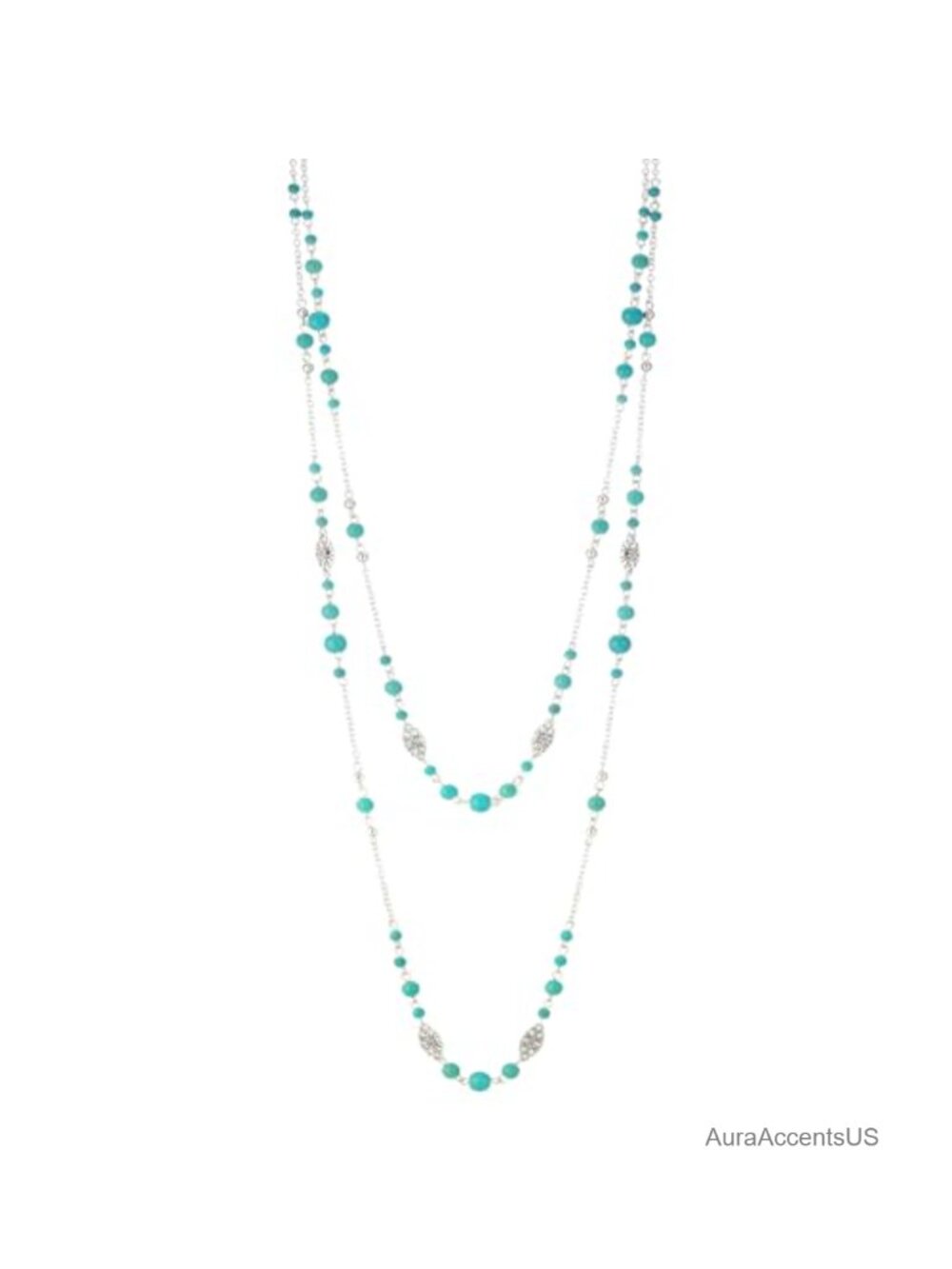 Silver Layered Long Beaded Necklace Double Chain Statement Boho